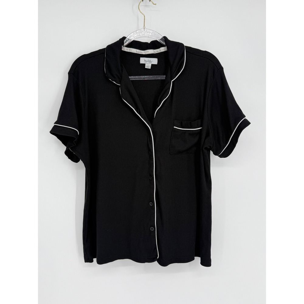 Nicole Miller New York Womens Pajama Top Black Ribbed Short Slv Button Up Sz L